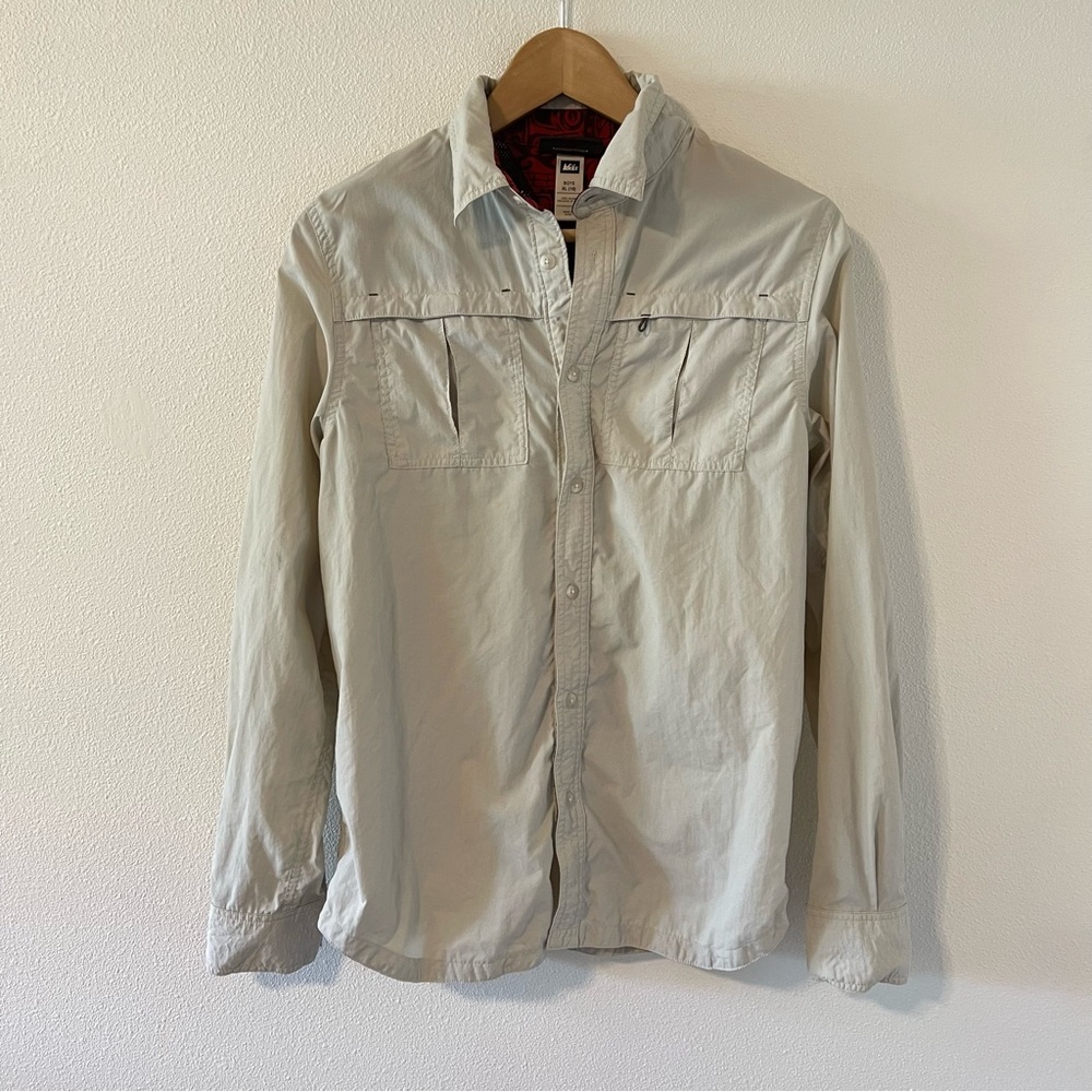 REI Button-Up Long-Sleeve Shirt Beige Vented Fishing Hiking Roll Tab-XL